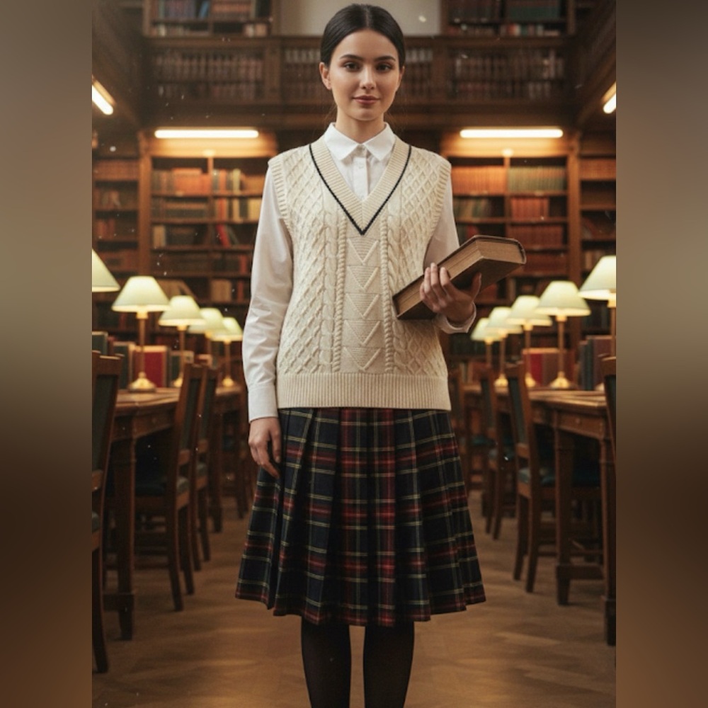 Elegant Cream Cable Knit Sweater Vest‎ - V-Neck - Preppy Academia - Size S
